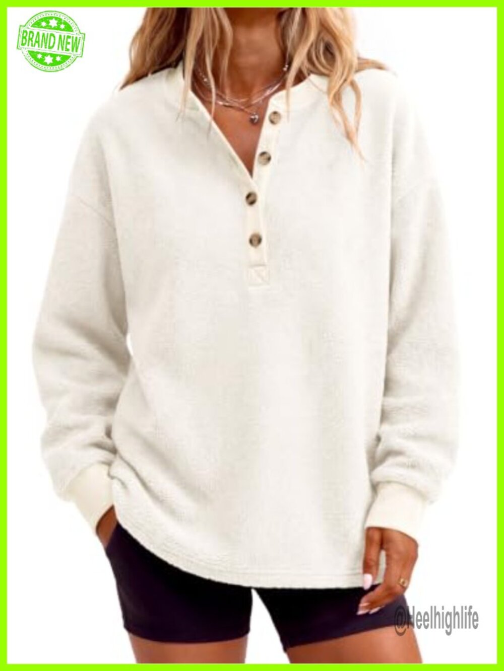 Fuzzy Sherpa Henley V-Neck Pullover Sweatshirt Oversized Loose